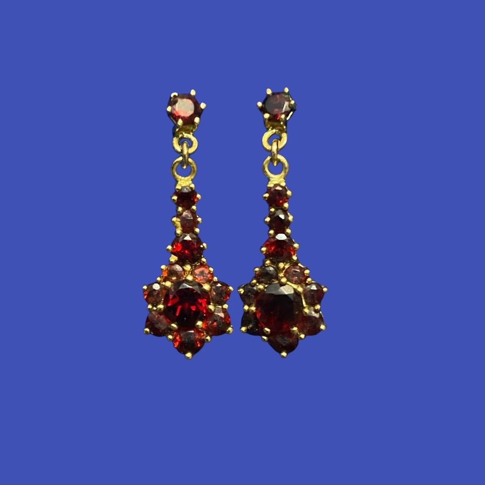 Antique Victorian Bohemian Garnet Gilt Drop Dangle Earrings Pierced